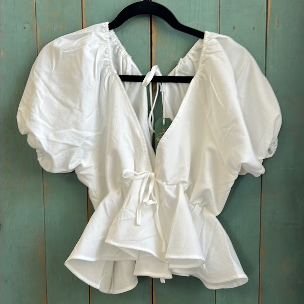 White Puff Sleeve Tie-Front Top